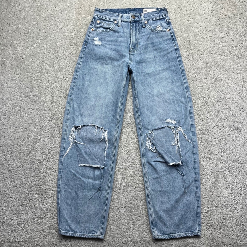 Gap Barrel High Rise Jeans Size 24/00R Blue Denim Light Indigo Distressed Ripped